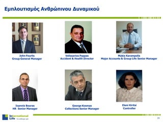 19
Velissarios Pappas
Accident & Health Director
Makis Karampolis
Major Accounts & Group Life Senior Manager
John Fourlis
Group General Manager
Ioannis Bouras
HR Senior Manager
George Kosmas
Collections Senior Manager
Eleni Kiritsi
Controller
Εμπλουτισμός Ανθρώπινου Δυναμικού
 