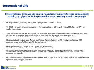 Η International Life είναι μία από τις παλαιότερες και μεγαλύτερες ασφαλιστικές
εταιρίες της χώρας με 58 έτη παρουσίας στην ελληνική ασφαλιστική αγορά.
International Life
 Οι ασφαλιστικές εταιρείες του ομίλου εξυπηρετούν 170.000 πελάτες
 To 2013 η εταιρεία σημείωσε παραγωγή (εγγεγραμμένα ασφάλιστρα) ύψους €82,2 εκ. και €7,6 εκ.
κέρδη προ φόρων
 Το Α’ εξάμηνο του 2014 η παραγωγή της εταιρείας (εγγεγραμμένα ασφάλιστρα) ανήλθε σε € 41,1 εκ.
με €4,4 εκ. κέρδη προ φόρων βελτιωμένα κατά 33% σε σχέση με το Α’ εξάμηνο 2013.
 Η εταιρεία διαθέτει ένα ευρύ δίκτυο πωλήσεων Agency System με 90 στελέχη πωλήσεων, 600
ασφαλιστικούς συμβούλους και 54 Καταστήματα
 H εταιρεία συνεργάζεται με 1.350 Πράκτορες και Μεσίτες
 Ο κύριος μέτοχος της εταιρείας είναι η οικογένεια Μπράβου η οποία βρίσκεται για 3 γενεές στην
ασφαλιστική αγορά.
 Η International Life συνδυάζει μια νέα ομάδα διοίκησης με αποδεδειγμένη εμπειρία στην αγορά και την
εμπειρία ενός μετόχου 3 γενεών
2
 