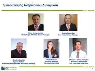 20
Christos – Othon Georgiou
Actuarial Department
Life Insurance Supervisor
Dimitris Kolettis
Agency System
Business Development & Recruiting Manager
Elpida Patsiou
Account Manager
Strategic Client ING
Nikos Georgopoulos
Marketing & Affinities Senior Manager
Εμπλουτισμός Ανθρώπινου Δυναμικού
Kostas Lagonikas
Non-Motor Senior Manager
 