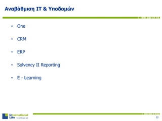 Αναβάθμιση ΙΤ & Υποδομών
• One
• CRM
• ERP
• Solvency II Reporting
• E - Learning
22
 