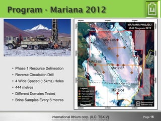 international lithium corp. (ILC: TSX.V) 
Page 16 
Program - Mariana 2012 
Phase 1 Resource Delineation 
Reverse Circulation Drill 
4 Wide Spaced (~5kms) Holes 
444 metres 
Different Domains Tested 
Brine Samples Every 6 metres  