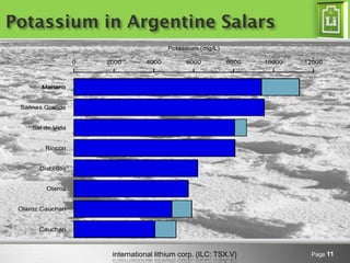international lithium corp. (ILC: TSX.V) Page 11
Potassium in Argentine Salars
 