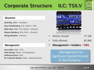 international lithium corp. (ILC: TSX.V)
Corporate Structure ILC: TSX.V
Page 5
Directors
Kirill Klip, MBA – President
Gary Schellenberg, B.Sc. (Geol.) - CEO
Mike Sieb, MBA , B.Sc (Geol.) – Director
Wayne Spilsbury, B.Sc, M.Sc – Director
Wang Xiaoshen - Director
Management
Jerry Bella, CGA – CFO
John Harrop, P.Geo – VP Exploration
Anthony Kovacs, COO
Dr. Frederick Breaks, P.Geo – Special Advisor
 Shares issued: 77.1M
 Fully diluted: 81.8M
 Management + Insiders: ~58%
Management has
Significant Vested Interest
in the Company.
 