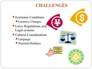 CHALLENGES
Economic Conditions
Currency Changes
Laws, Regulations, and
Legal systems
Cultural Considerations
Language
National Holidays
 