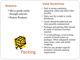 Packing
Reasons
Used Guidelines
Move goods easily
through customs
Protect Products
 Pack in strong containers,
adequately sealed and filled when
possible.
 Make sure the weight is evenly
distributed.
 Goods should be palletized and
when possible containerized.
 Packages and packing filler should
be made of moisture-resistant
material.
 To avoid pilferage, avoid writing
contents or brand names on
packages. Other safeguards include
using straps, seals, and shrink
wrapping.
 Observe any product-specific
hazardous materials packing
requirements.
 