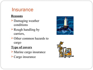 Insurance
Reasons
 Damaging weather
conditions
 Rough handling by
carriers,
 Other common hazards to
cargo
Type of covers
 Marine cargo insurance
 Cargo insurance
 