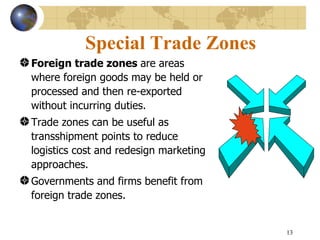 Special Trade Zones
Foreign trade zones are areas
where foreign goods may be held or
processed and then re-exported
without incurring duties.
Trade zones can be useful as
transshipment points to reduce
logistics cost and redesign marketing
approaches.
Governments and firms benefit from
foreign trade zones.


                                        13
 