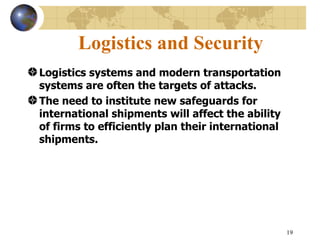 Logistics and Security
Logistics systems and modern transportation
systems are often the targets of attacks.
The need to institute new safeguards for
international shipments will affect the ability
of firms to efficiently plan their international
shipments.




                                                   19
 