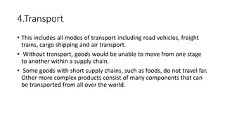 4.Transport
• This includes all modes of transport including road vehicles, freight
trains, cargo shipping and air transport.
• Without transport, goods would be unable to move from one stage
to another within a supply chain.
• Some goods with short supply chains, such as foods, do not travel far.
Other more complex products consist of many components that can
be transported from all over the world.
 