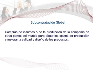 Subcontratación Global Compras de insumos o de la producción de la compañía en otras partes del mundo para abatir los costos de producción y mejorar la calidad y diseño de los productos. 