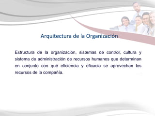 Arquitectura de la Organización Estructura de la organización, sistemas de control, cultura y sistema de administración de recursos humanos que determinan en conjunto con qué eficiencia y eficacia se aprovechan los recursos de la compañía.  