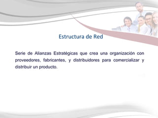 Estructura de Red Serie de Alianzas Estratégicas que crea una organización con proveedores, fabricantes, y distribuidores para comercializar y distribuir un producto. 