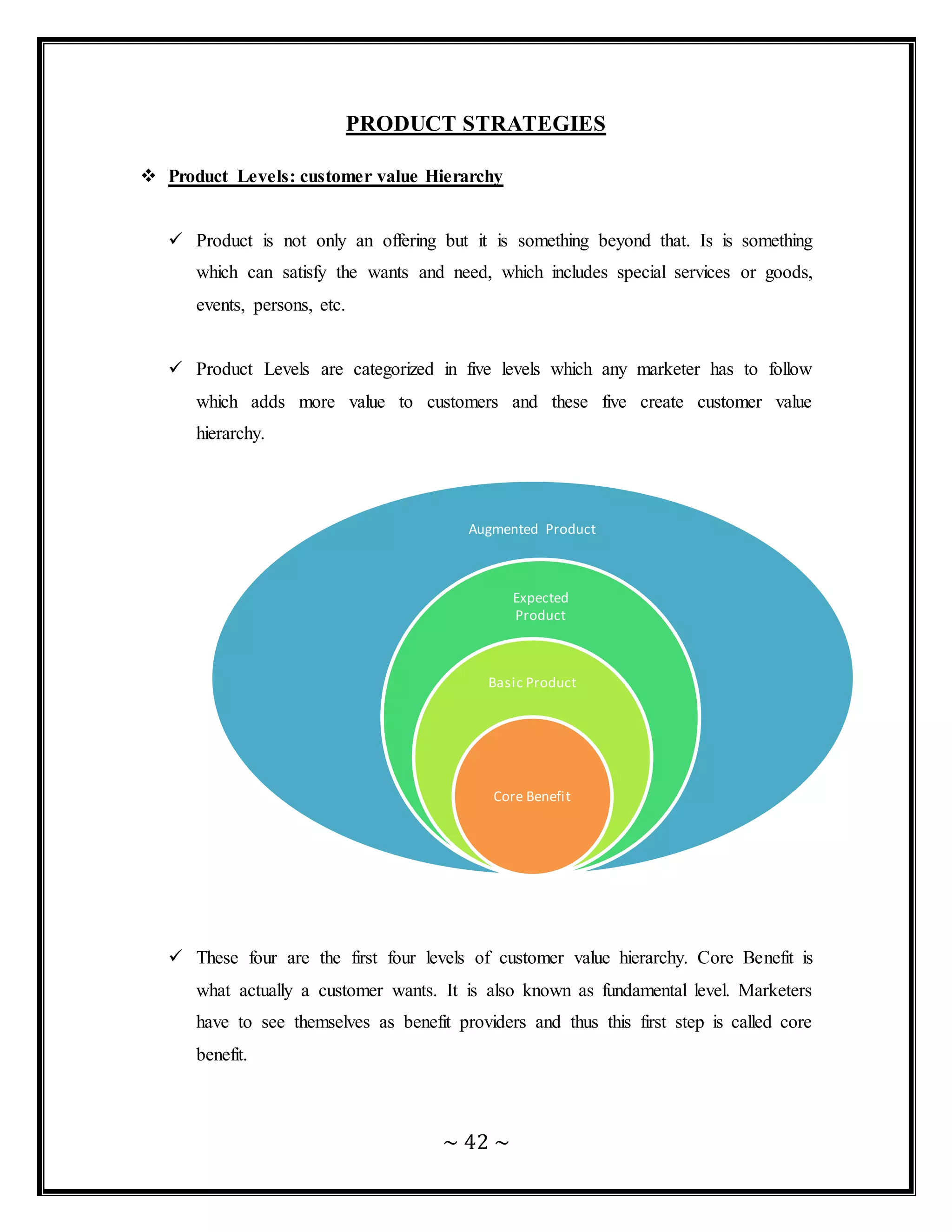 ~ 42 ~
PRODUCT STRATEGIES
 Product Levels: customer value Hierarchy
 Product is not only an offering but it is something beyond that. Is is something
which can satisfy the wants and need, which includes special services or goods,
events, persons, etc.
 Product Levels are categorized in five levels which any marketer has to follow
which adds more value to customers and these five create customer value
hierarchy.
 These four are the first four levels of customer value hierarchy. Core Benefit is
what actually a customer wants. It is also known as fundamental level. Marketers
have to see themselves as benefit providers and thus this first step is called core
benefit.
Augmented Product
Expected
Product
Basic Product
Core Benefit
 