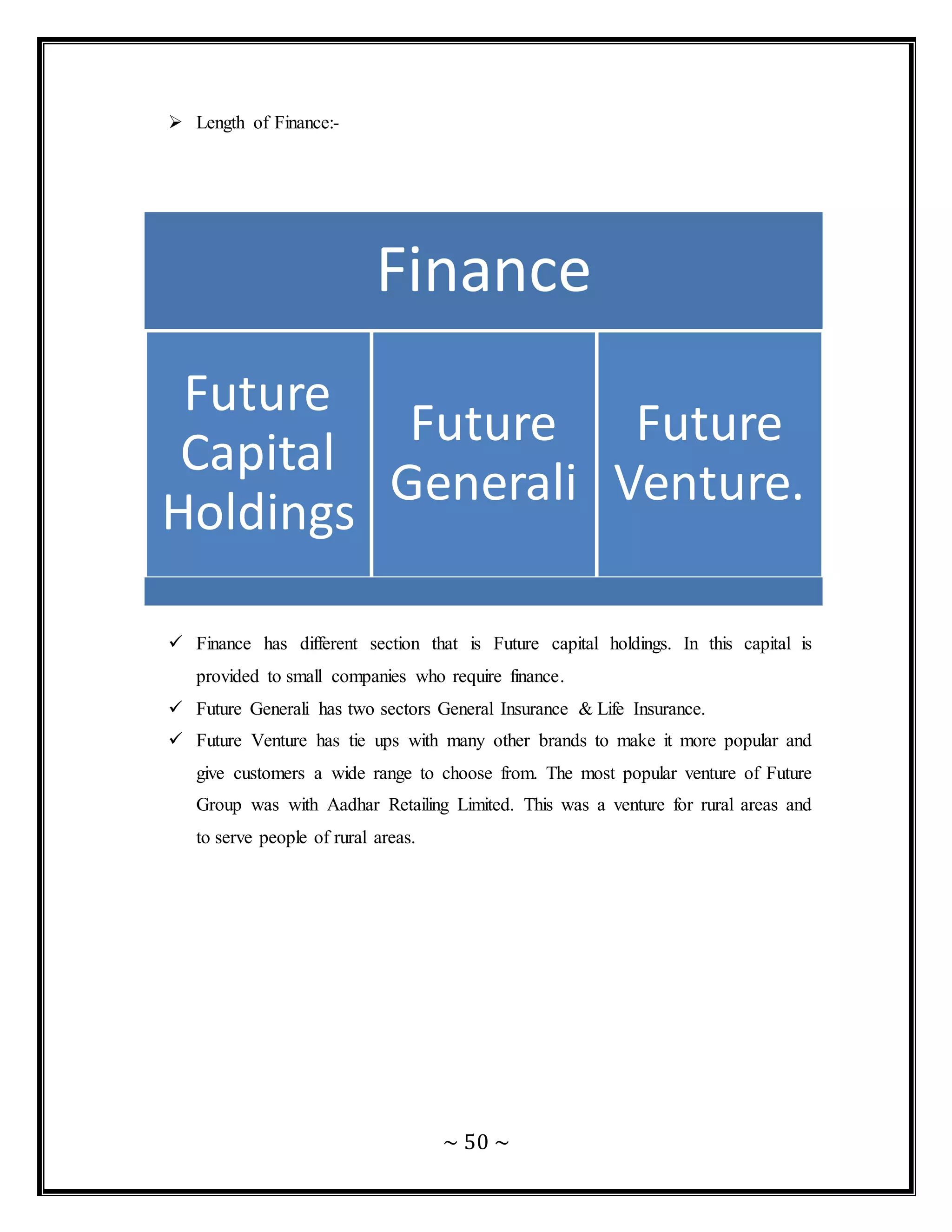 ~ 50 ~
 Length of Finance:-
 Finance has different section that is Future capital holdings. In this capital is
provided to small companies who require finance.
 Future Generali has two sectors General Insurance & Life Insurance.
 Future Venture has tie ups with many other brands to make it more popular and
give customers a wide range to choose from. The most popular venture of Future
Group was with Aadhar Retailing Limited. This was a venture for rural areas and
to serve people of rural areas.
Finance
Future
Capital
Holdings
Future
Generali
Future
Venture.
 