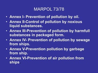 MARPOL 73/78
• Annex I- Prevention of pollution by oil.
• Annex II-Control of pollution by noxious
liquid substances.
• Annex III-Prevention of pollution by harmfull
substances in packaged form.
• Annex IV- Prevention of pollution by sewage
from ships.
• Annex V-Prevention pollution by garbage
from ship.
• Annex VI-Prevention of air pollution from
ships.
 