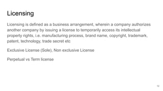 Licensing
Licensing is defined as a business arrangement, wherein a company authorizes
another company by issuing a licens...