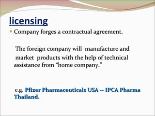 licensing Company forges a contractual agreement. The foreign company will  manufacture and  market  products with the help of technical assistance from “home company.” e.g.  Pfizer Pharmaceuticals USA -- IPCA Pharma Thailand. 