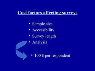 Cost factors affecting surveys Sample size Accessibility Survey length Analysis ≈  100 € per respondent 