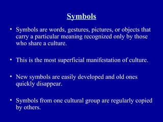 Symbols Symbols are words, gestures, pictures, or objects that carry a particular meaning recognized only by those who share a culture. This is the most superficial manifestation of culture. New symbols are easily developed and old ones quickly disappear. Symbols from one cultural group are regularly copied by others. 