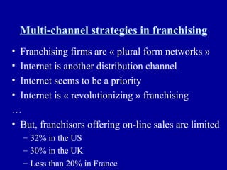Multi-channel strategies in franchising Franchising firms are « plural form networks » Internet is another distribution channel Internet seems to be a priority Internet is « revolutionizing » franchising … But, franchisors offering on-line sales are limited 32% in the US 30% in the UK Less than 20% in France 