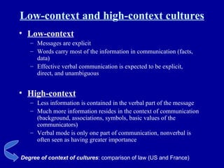 Low-context and high-context cultures Low-context Messages are explicit Words carry most of the information in communication (facts, data) Effective verbal communication is expected to be explicit, direct, and unambiguous High-context Less information is contained in the verbal part of the message  Much more information resides in the context of communication (background, associations, symbols, basic values of the communicators) Verbal mode is only one part of communication, nonverbal is often seen as having greater importance Degree of context of cultures : comparison of law (US and France) 