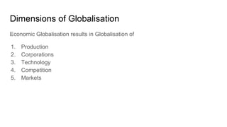 Dimensions of Globalisation
Economic Globalisation results in Globalisation of
1. Production
2. Corporations
3. Technology
4. Competition
5. Markets
 