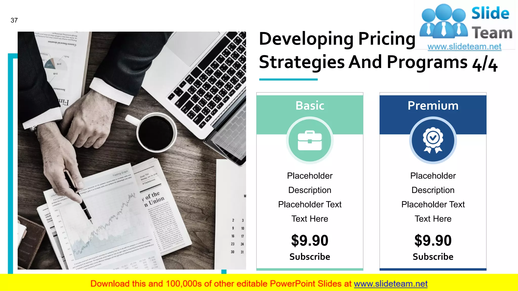 Basic
Placeholder
Description
Placeholder Text
Text Here
$9.90
Subscribe
Premium
Placeholder
Description
Placeholder Text
Text Here
$9.90
Subscribe
Developing Pricing
Strategies And Programs 4/4
37
 