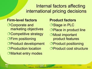 Internal factors affecting  international pricing decisions Firm-level factors Corporate and marketing objectives Competitive strategy Firm positioning Product development Production location Market entry modes Product factors Stage in PLC Place in product line Most important product features Product positioning Product cost structure 15- 