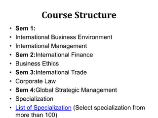 Course Structure
• Sem 1:
• International Business Environment
• International Management
• Sem 2:International Finance
• Business Ethics
• Sem 3:International Trade
• Corporate Law
• Sem 4:Global Strategic Management
• Specialization
• List of Specialization (Select specialization from
more than 100)
 