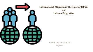 International Migration: The Case of OFWs
and
Internal Migration
CYRIL JANE B. INSONG
Reporter
 