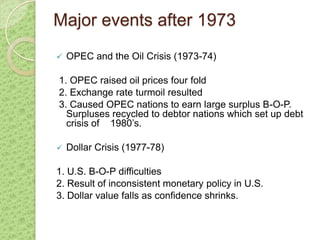 Major events after 1973
   OPEC and the Oil Crisis (1973-74)

1. OPEC raised oil prices four fold
2. Exchange rate turmoil resulted
3. Caused OPEC nations to earn large surplus B-O-P.
  Surpluses recycled to debtor nations which set up debt
  crisis of 1980’s.

   Dollar Crisis (1977-78)

1. U.S. B-O-P difficulties
2. Result of inconsistent monetary policy in U.S.
3. Dollar value falls as confidence shrinks.
 