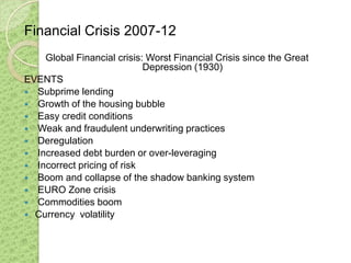 Financial Crisis 2007-12
    Global Financial crisis: Worst Financial Crisis since the Great
                            Depression (1930)
EVENTS
 Subprime lending
 Growth of the housing bubble
 Easy credit conditions
 Weak and fraudulent underwriting practices
 Deregulation
 Increased debt burden or over-leveraging
 Incorrect pricing of risk
 Boom and collapse of the shadow banking system
 EURO Zone crisis
 Commodities boom
 Currency volatility
 