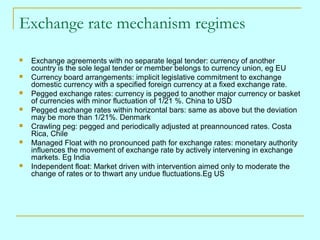 Exchange rate mechanism regimes









Exchange agreements with no separate legal tender: currency of another
country is the sole legal tender or member belongs to currency union, eg EU
Currency board arrangements: implicit legislative commitment to exchange
domestic currency with a specified foreign currency at a fixed exchange rate.
Pegged exchange rates: currency is pegged to another major currency or basket
of currencies with minor fluctuation of 1/21 %. China to USD
Pegged exchange rates within horizontal bars: same as above but the deviation
may be more than 1/21%. Denmark
Crawling peg: pegged and periodically adjusted at preannounced rates. Costa
Rica, Chile
Managed Float with no pronounced path for exchange rates: monetary authority
influences the movement of exchange rate by actively intervening in exchange
markets. Eg India
Independent float: Market driven with intervention aimed only to moderate the
change of rates or to thwart any undue fluctuations.Eg US

 