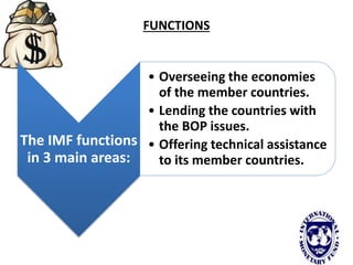 FUNCTIONS
The IMF functions
in 3 main areas:
• Overseeing the economies
of the member countries.
• Lending the countries with
the BOP issues.
• Offering technical assistance
to its member countries.
 