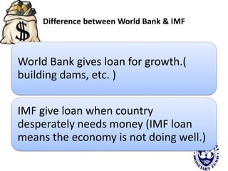 Difference between World Bank & IMF
World Bank gives loan for growth.(
building dams, etc. )
IMF give loan when country
desperately needs money (IMF loan
means the economy is not doing well.)
 