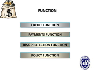.
CREDIT FUNCTION
PAYMENTS FUNCTION
RISK PROTECTION FUNCTION
POLICY FUNCTION
FUNCTION
 