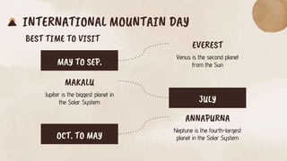 INTERNATIONAL MOUNTAIN DAY
BEST TIME TO VISIT
MAKALU
Jupiter is the biggest planet in
the Solar System JULY
EVEREST
Venus ...
