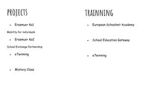 projects
● Erasmus+ Ka1
Mobility for individuals
● Erasmus+ Ka2
School Exchange Partnership
● eTwinning
● Mistery Class
● European Schoolnet Academy
● School Education Gateway
● eTwinning
trainning
 