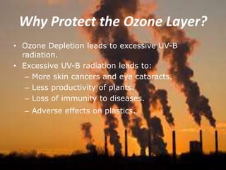Why Protect the Ozone Layer?
• Ozone Depletion leads to excessive UV-B
radiation.
• Excessive UV-B radiation leads to:
– More skin cancers and eye cataracts.
– Less productivity of plants.
– Loss of immunity to diseases.
– Adverse effects on plastics.
 