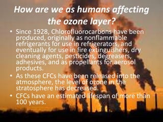 How are we as humans affecting
the ozone layer?
• Since 1928, Chlorofluorocarbons have been
produced, originally as nonflammable
refrigerants for use in refrigerators, and
eventually for use in fire extinguishers, dry
cleaning agents, pesticides, degreasers,
adhesives, and as propellants for aerosol
products.
• As these CFCs have been released into the
atmosphere, the level of ozone in the
stratosphere has decreased.
• CFCs have an estimated lifespan of more than
100 years.
 