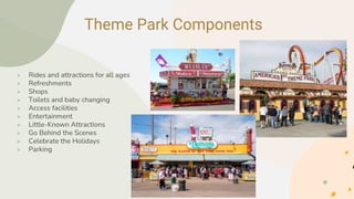 Theme Park Components
● Rides and attractions for all ages
● Refreshments
● Shops
● Toilets and baby changing
● Access facilities
● Entertainment
● Little-Known Attractions
● Go Behind the Scenes
● Celebrate the Holidays
● Parking
 