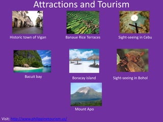 Attractions and Tourism


    Historic town of Vigan            Banaue Rice Terraces      Sight-seeing in Cebu




             Bacuit bay                   Boracay island     Sight-seeing in Bohol




                                           Mount Apo

Visit: http://www.philippinetourism.us/
 