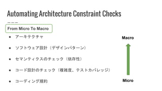 Automating Architecture Constraint Checks
● アーキテクチャ
● ソフトウェア設計（デザインパターン）
● セマンティクスのチェック（依存性）
● コード設計のチェック（複雑度、テストカバレッジ）
● コーディング規約 Micro
Macro
From Micro To Macro
 