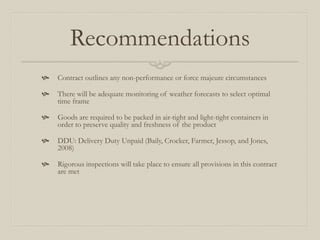 Recommendations
 Contract outlines any non-performance or force majeure circumstances
 There will be adequate monitoring of weather forecasts to select optimal
time frame
 Goods are required to be packed in air-tight and light-tight containers in
order to preserve quality and freshness of the product
 DDU: Delivery Duty Unpaid (Baily, Crocker, Farmer, Jessop, and Jones,
2008)
 Rigorous inspections will take place to ensure all provisions in this contract
are met
 