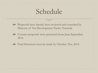 Schedule
 Proposals have already been reviewed and consulted by
Director of Tea Development Naoko Tsunoda
 Counter proposals were presented from June-September
2014
 Final Decisions must be made by October 31st, 2014
 