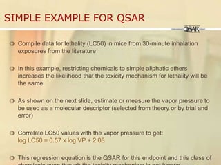 Simple Example for QSARCompile data for lethality (LC50) in mice from 30-minute inhalation exposures from the literatureIn this example, restricting chemicals to simple aliphatic ethers increases the likelihood that the toxicity mechanism for lethality will be the sameAs shown on the next slide, estimate or measure the vapor pressure to be used as a molecular descriptor (selected from theory or by trial and error)Correlate LC50 values with the vapor pressure to get:log LC50 = 0.57 x log VP + 2.08This regression equation is the QSAR for this endpoint and this class of chemicals even though the toxicity mechanism is not known	