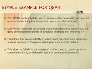 Simple Example for QSARThis QSAR implies that the vapor pressure of a chemical is an important factor in determining that chemical’s potency in a lethality test Many other molecular descriptors would not correlate to toxicity, and the good correlation here points to structural attributes that influence VPChemicals that cause lethality by other toxicity mechanisms, chemicals such as acrolein or phosgene, will appear as statistical outliersTherefore, in QSAR “outlier analysis” is often used to gain insight into chemical similarity as defined in terms of common mechanisms