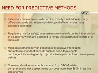 Need for Predictive MethodsLaboratory measurements of chemical toxicity must address many different hazards and responses (biological effects) under many exposure scenariosRegulatory risk (or safety) assessments rely heavily on the interpretation of bioassays, which are designed to reveal the spectrum of effects of a chemicalMost assessments rely on batteries of bioassays intended to characterize important hazards such as short-term effects, carcinogenicity, mutagenicity, reproductive impairment and development deficitsScreening-level assessments can cost from $1-5M, while comprehensive risk assessments can cost more than $60M in testing and analysis