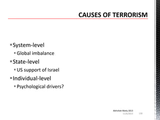 System-level
 Global imbalance

State-level
 US support of Israel

Individual-level
 Psychological drivers?

Abhishek Maity 2013
11/6/2013

130

 