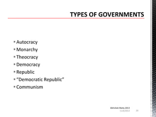  Autocracy
 Monarchy
 Theocracy
 Democracy
 Republic
 “Democratic Republic”
 Communism

Abhishek Maity 2013
11/6/2013

20

 